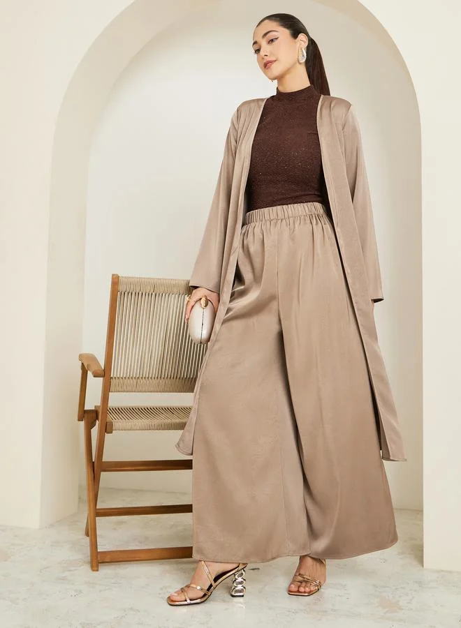 Styli  Brown Satin Kimono and Wide Leg Pants Set for Women | Best Price UAE